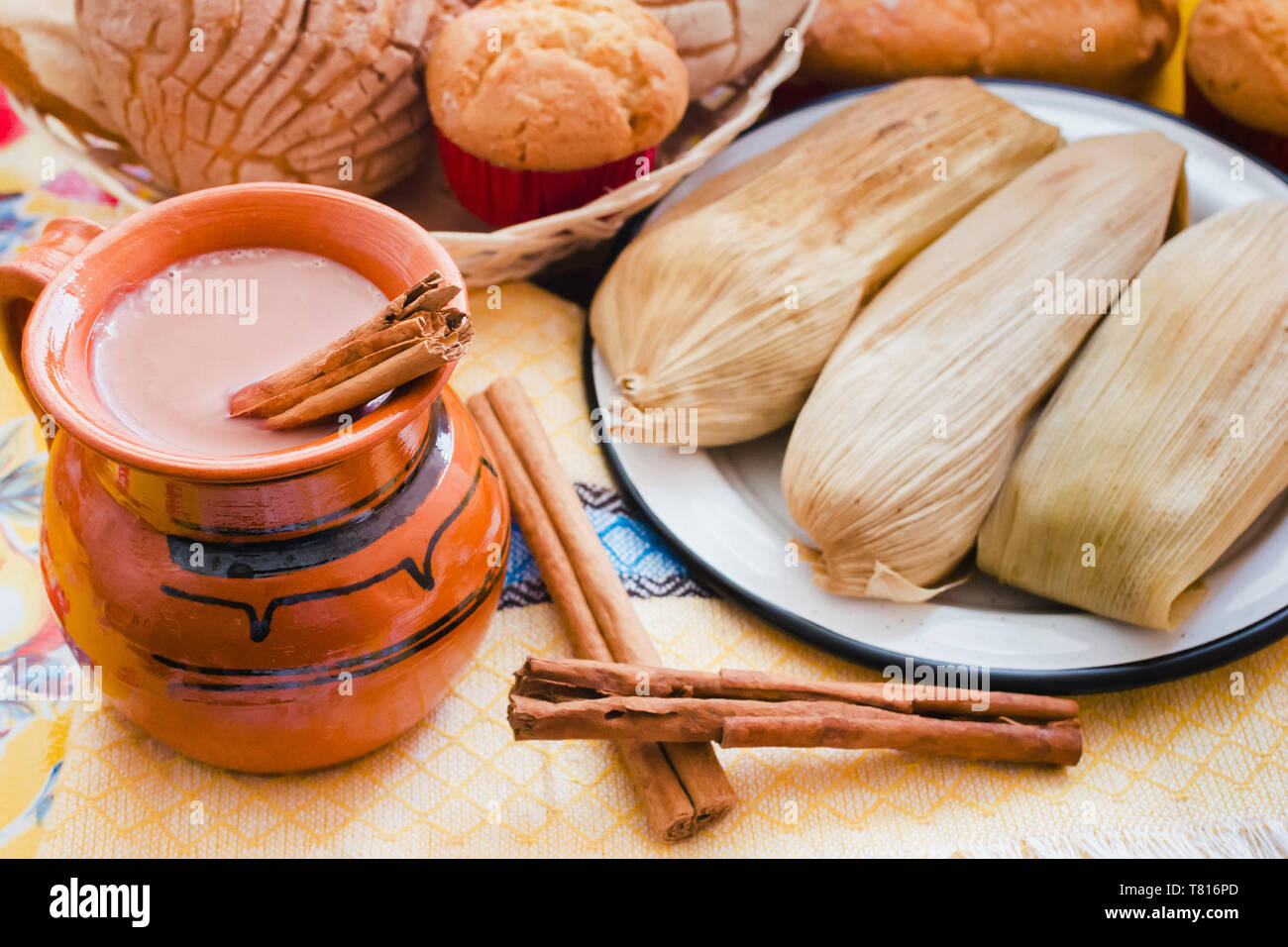 Atole de chocolate, mexican traditional beverage and tamales, Made with