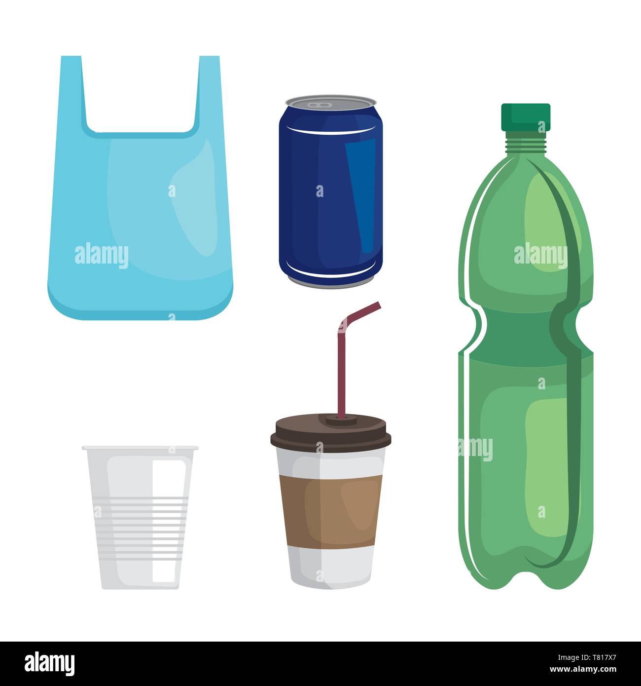 set of plastic bag with cups and bottle over white background Stock