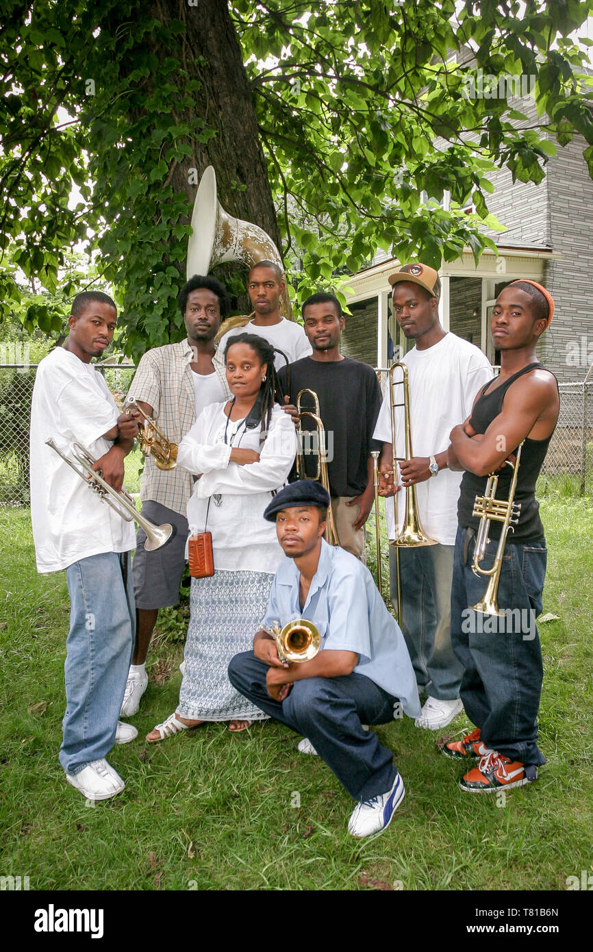 Hypnotic Brass Ensemble in the Englewood neighborhood on Chicago's South Side, photographed in 2003. Stock Photo