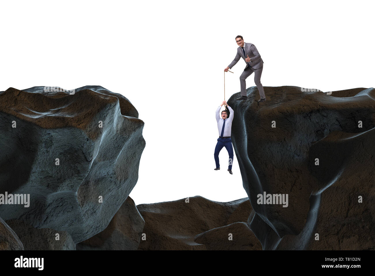 Businessman helping colleague with rope Stock Photo - Alamy