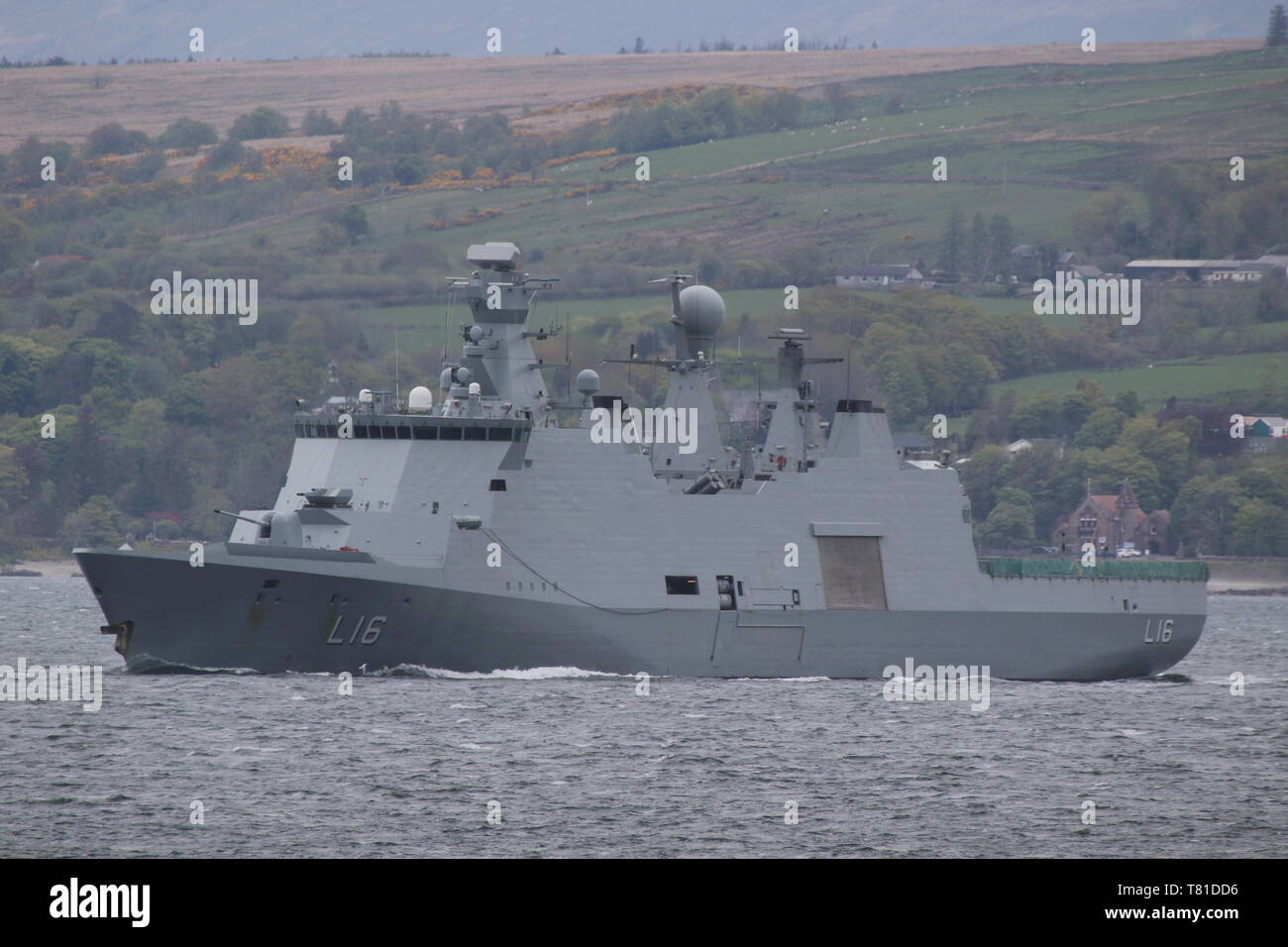 KDM Absalon (L16), an Absalon-class command vessel operated by the Royal Danish Navy, passing Gourock at the start of Exercise Formidable Shield 2019. Stock Photo