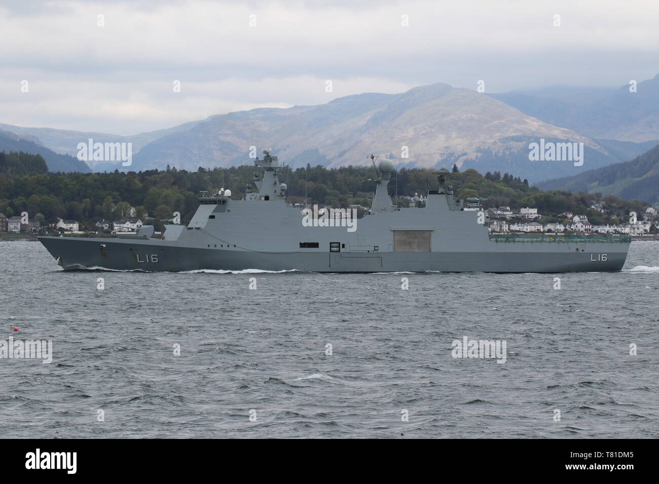 KDM Absalon (L16), an Absalon-class command vessel operated by the Royal Danish Navy, passing Gourock at the start of Exercise Formidable Shield 2019. Stock Photo