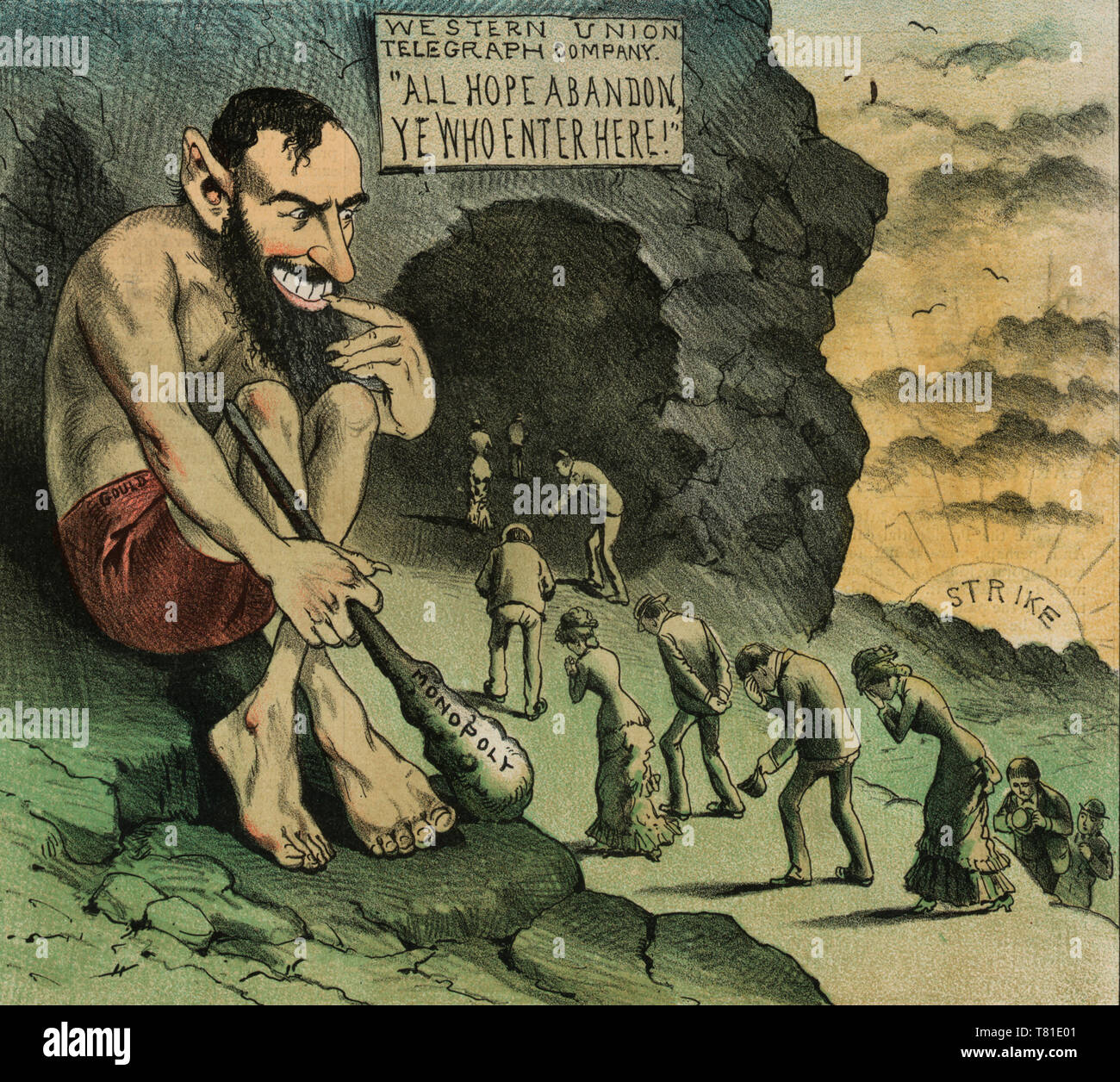 The cave of despair - Political cartoon shows Jay Gould as a giant holding a large club labeled 'Monopoly', sitting on rocks, gleefully watching a line of downtrodden people entering a cave labeled 'Western Union Telegraph Company - All Hope Abandon, Ye Who Enter Here'; on the horizon, the sun is labeled 'Strike'. 1883 Stock Photo