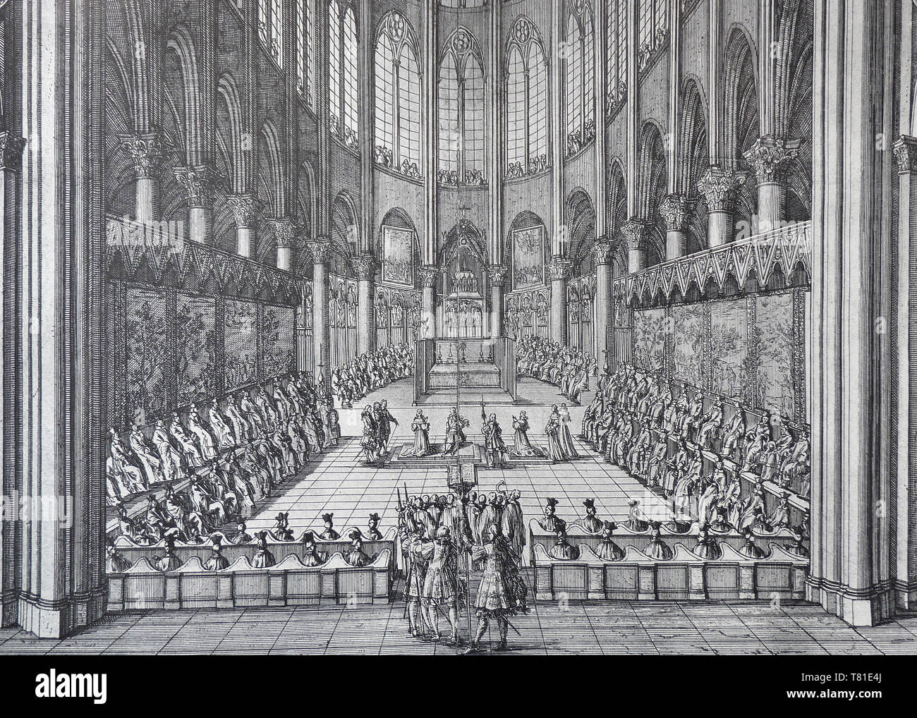 Choir of Notre Dame of Paris during Te Deum given in 1669, engraving of Jean Marot Stock Photo