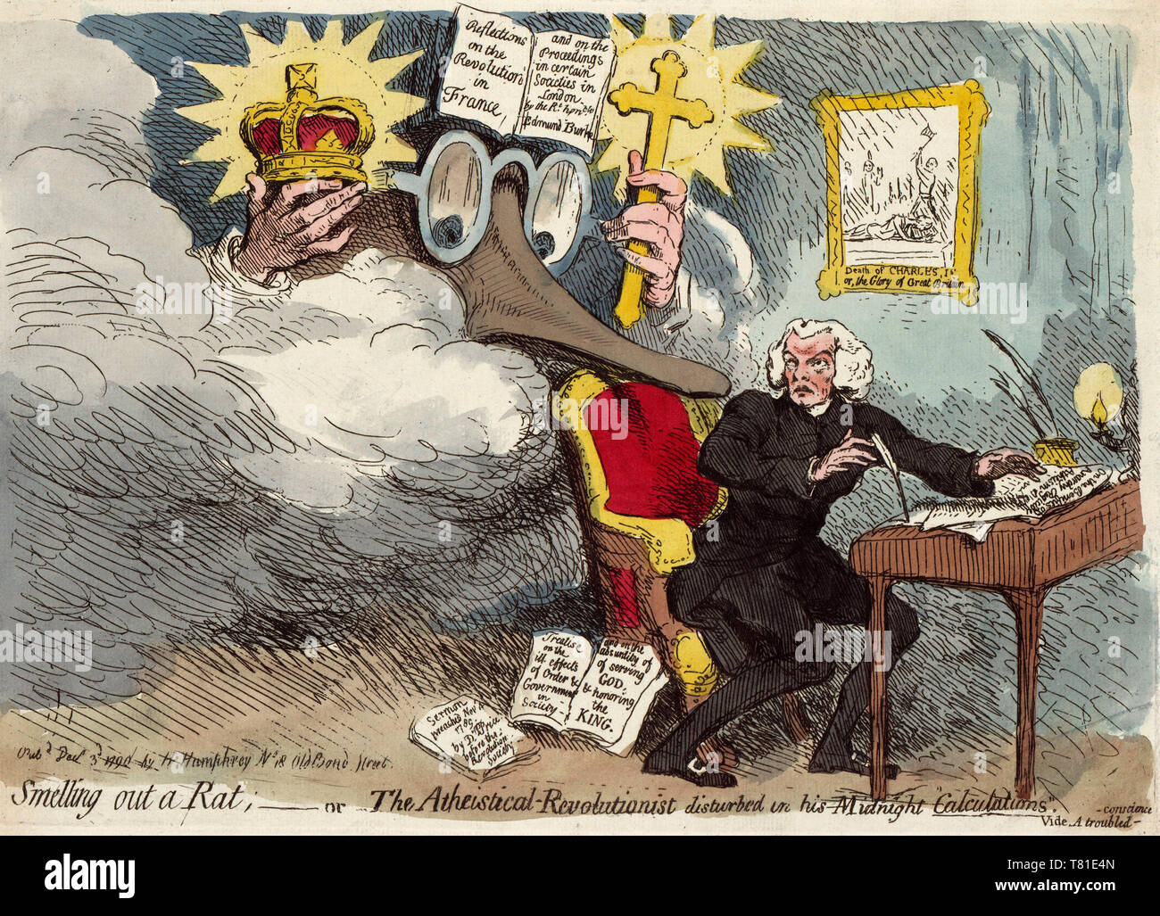 Smelling out a rat; or the atheistical-revolutionist disturbed in his midnight 'calculations'Print shows Richard Price seated at a desk, he turns to look over his right shoulder at a vision of an enormous Edmund Burke, his spectacles, nose, and hands emerge from the haze, a crown in one hand and a cross in the other, on his head an open copy of his 'Reflections on the Revolution in France....' Hanging on the wall is an illustration of the beheading of Charles I titled, 'Death of Charles I, or the Glory of Great Britain.' Political Cartoon, 1790 Stock Photo