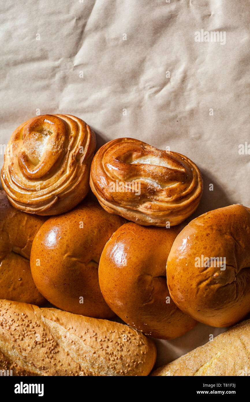 Food concept. Different type breads. Top view. Free space for text. Copy space Stock Photo