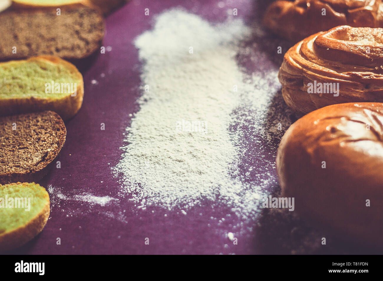 Food concept. Different type breads. Top view. Free space for text. Copy space Stock Photo