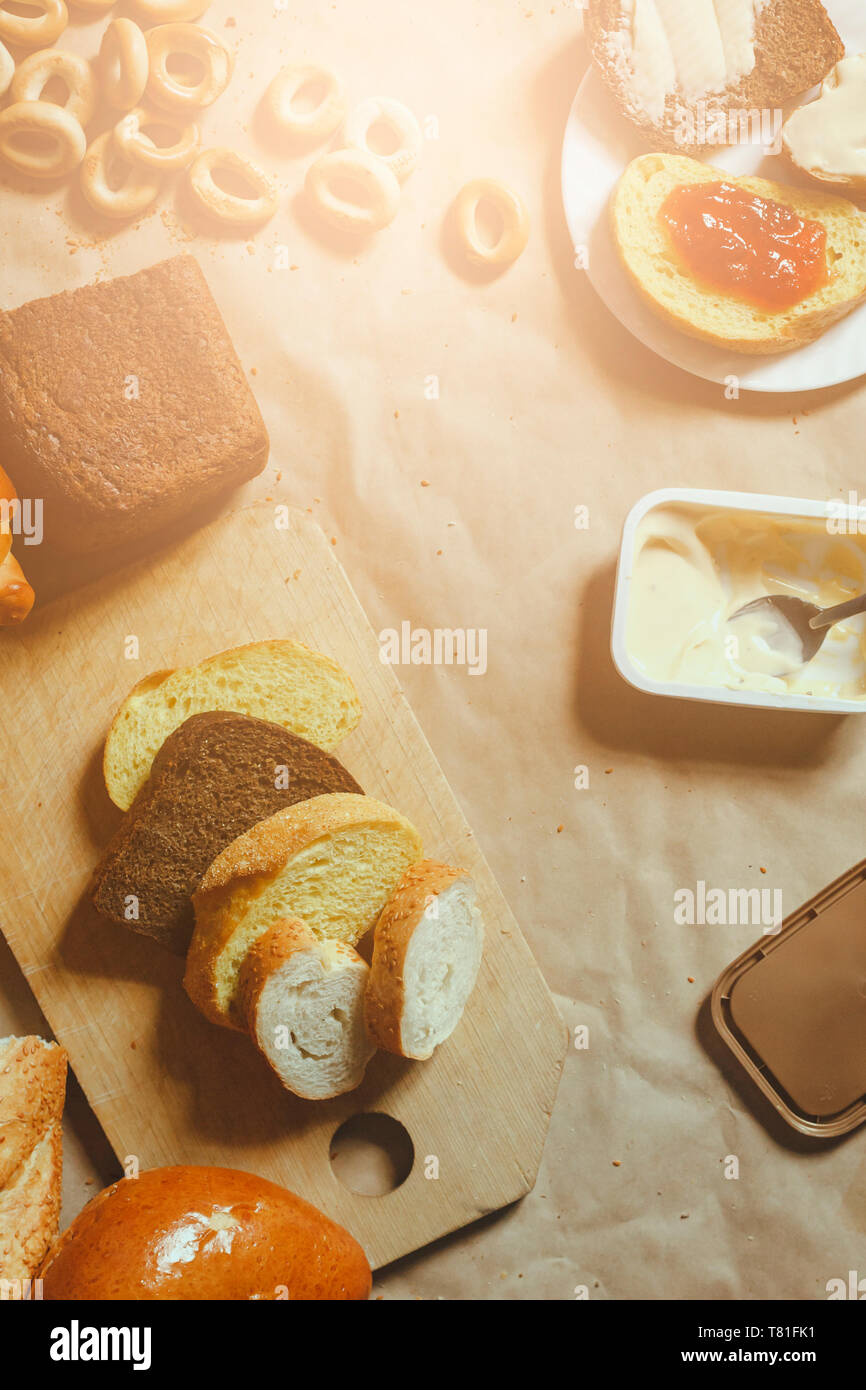 Food concept. Different type breads. Top view. Free space for text. Copy space Stock Photo