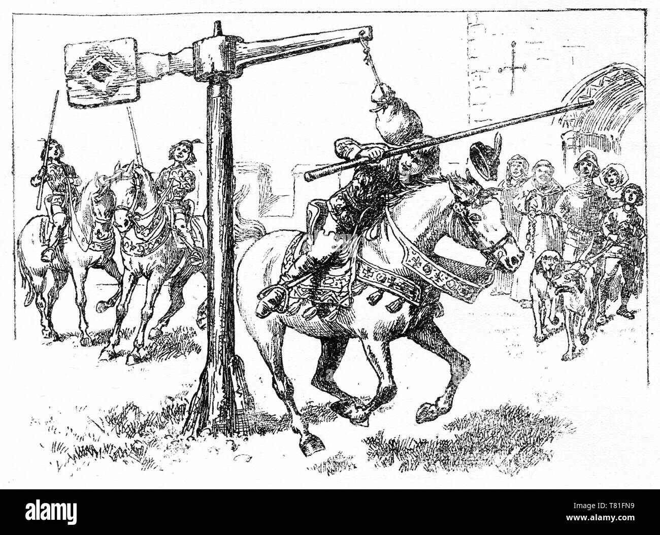 Engraving of a knight in training who has successfully hit his target without being hit himself by the counterbalance. From Chatterbox magazine, 1917 Stock Photo