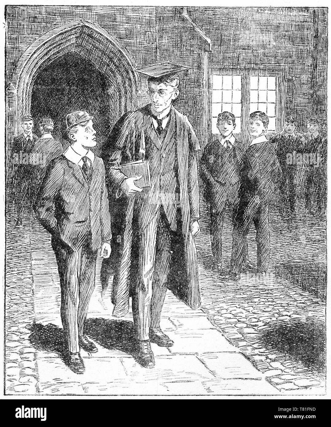 Engraving of a school teacher and student at an old private school in England. Chatterbox magazine, 1917 Stock Photo