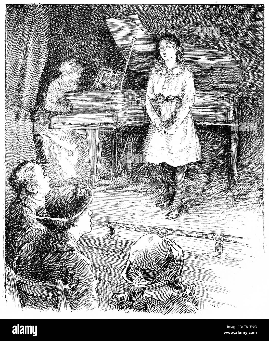 Engraving of a girl singing on a stage before an audience, probably at a school recital. Chatterbox magazine, 1917 Stock Photo