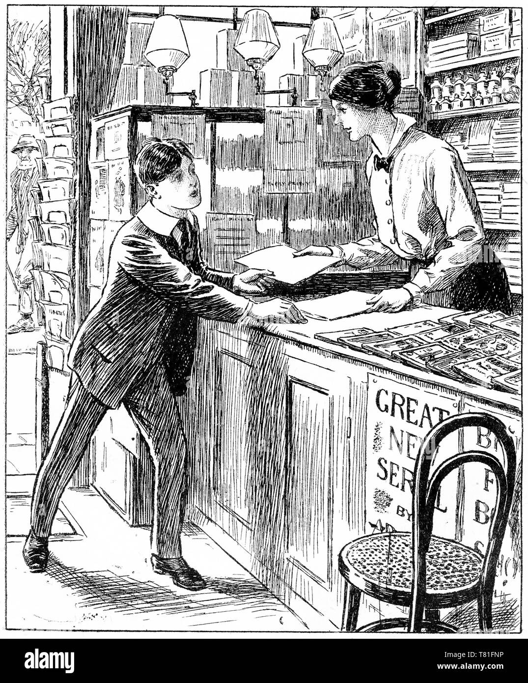 Engraving of a boy purchasing some paper at a general store. Chatterbox magazine, 1917 Stock Photo