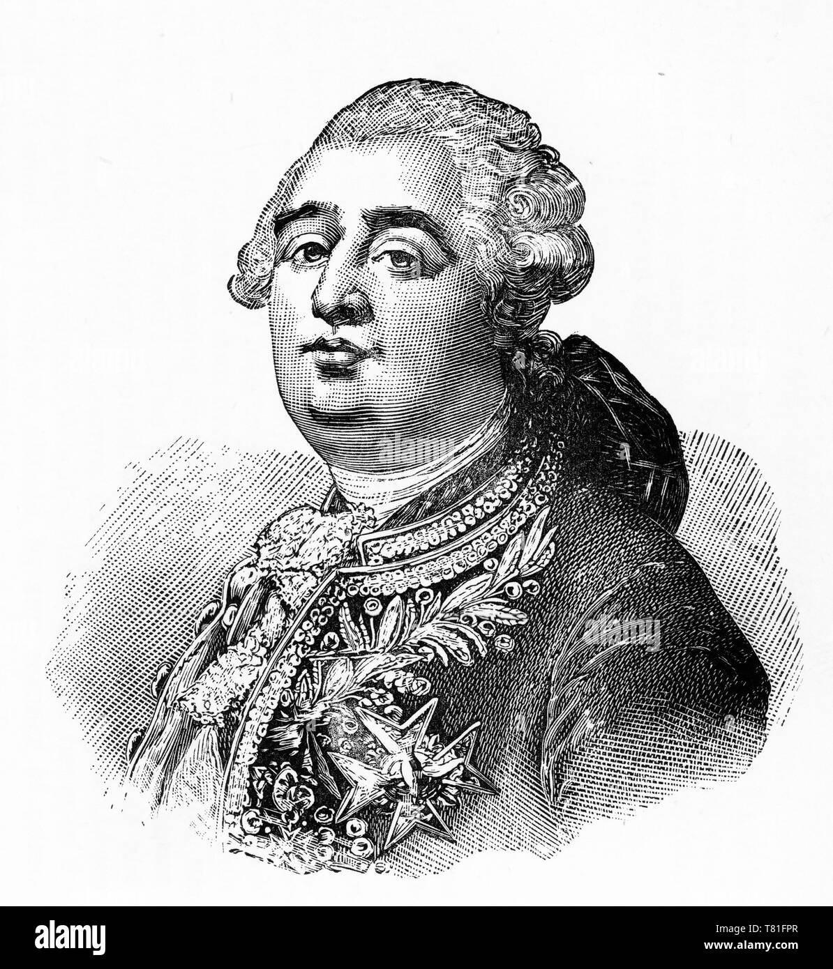 Engraving of Louis XVI (1754 â€“ 1793), born Louis-Auguste, last King of France before the fall of the monarchy during the French Revolution. He was called Citizen Louis Capet during the months before he was guillotined. Stock Photo
