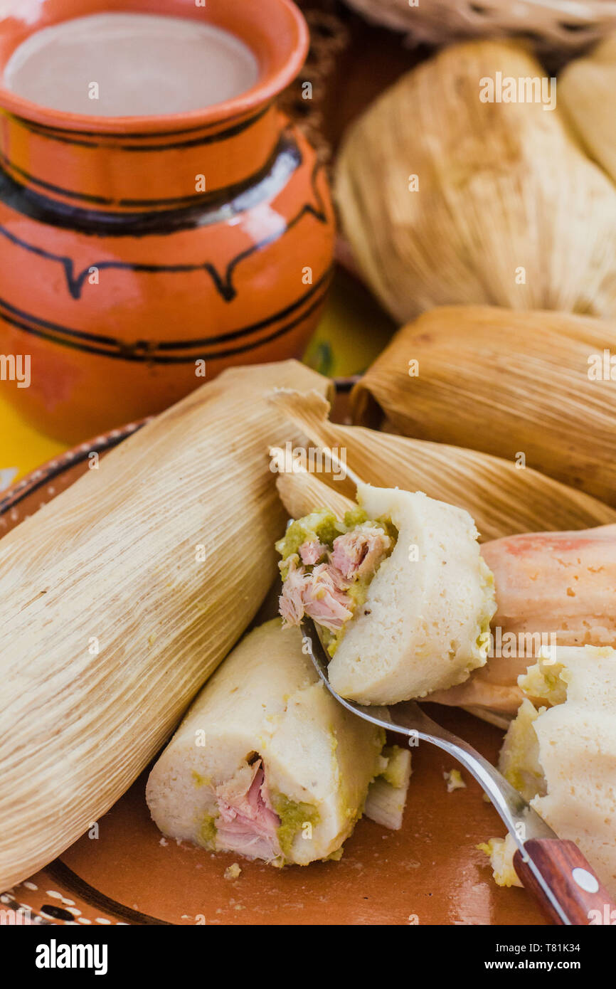 Mexican tamales filed corn dough, Spicy food in Mexico Stock Photo