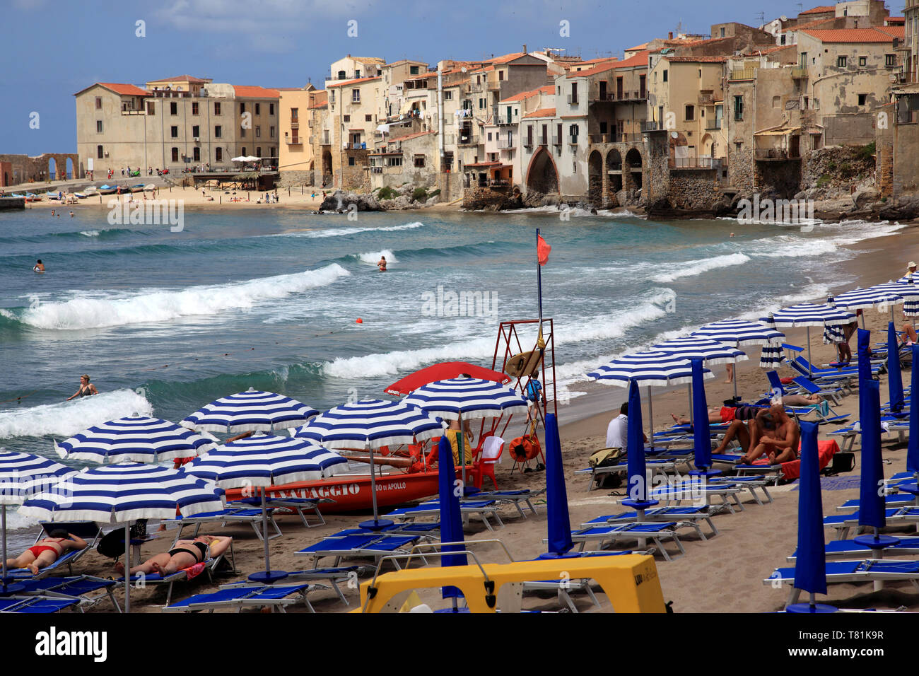 Beach and houses in Cefalu Sicily Italy Stock Photo