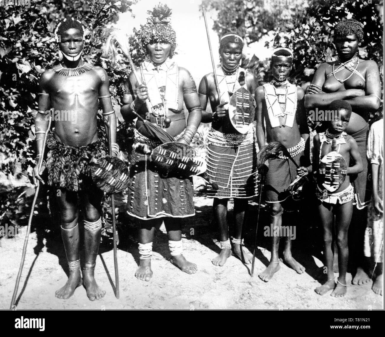 South Africa, Zulu Warriors and Family Stock Photo