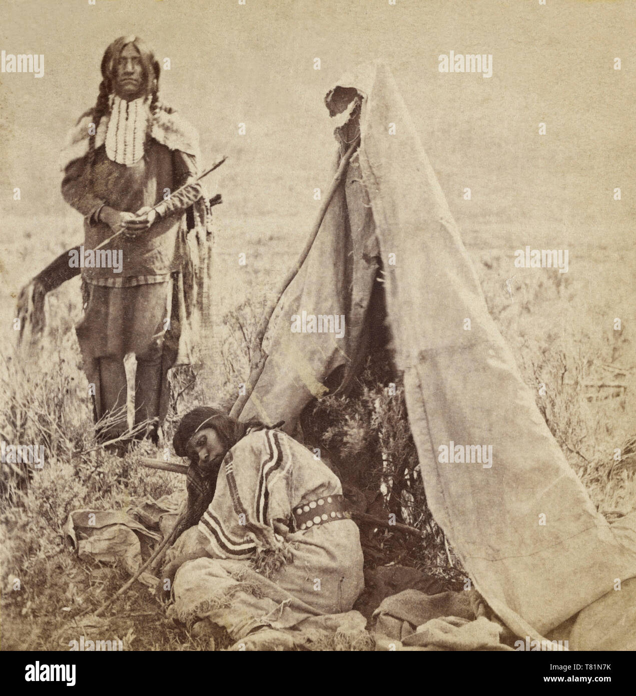 Native American Medicine Man and Sick Woman, 1870 Stock Photo