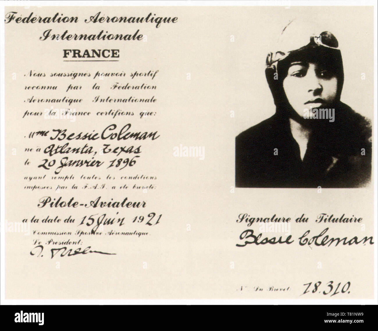 Bessie Coleman, Pilot License, 1921 Stock Photo Alamy