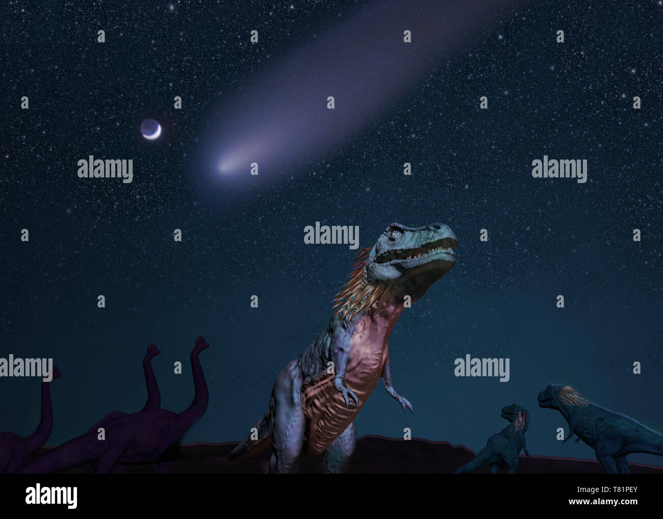Asteroid and Dinosaurs, Illustration Stock Photo