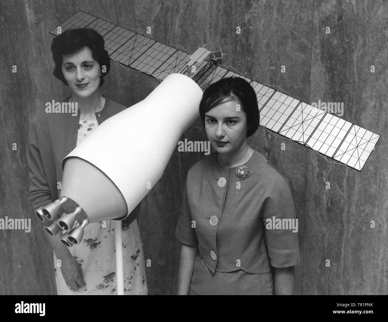 Ann McNair and Mary Jo Smith with Pegasus Satellite, 1964 Stock Photo