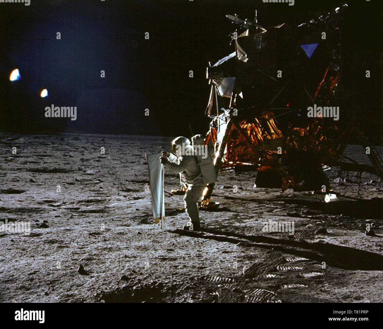 Apollo 11, Buzz Aldrin Unfurling Solar Wind Collector, 1969 Stock Photo