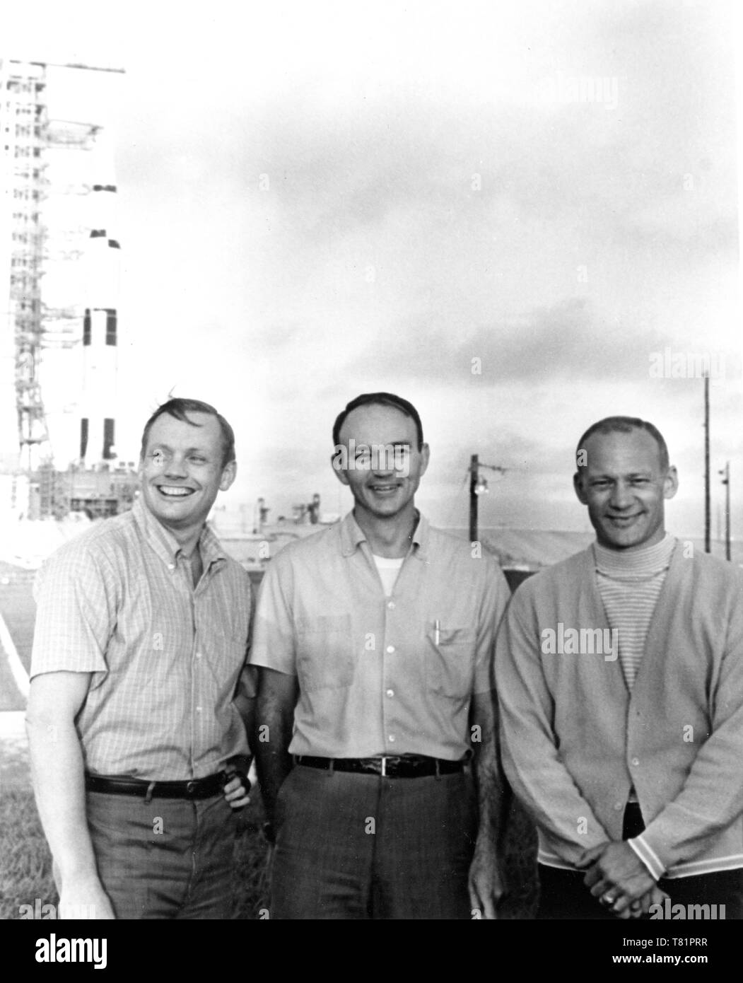 Apollo 11 Prime Crew with Saturn V, 1969 Stock Photo