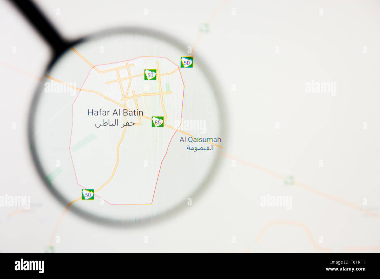Hafar Al-Batin city visualization illustrative concept on screen through magnifying glass Stock Photo
