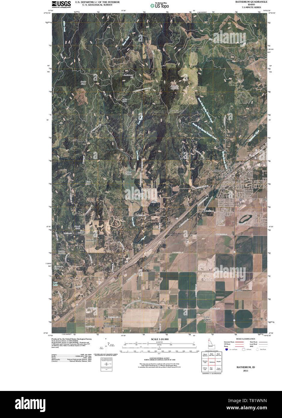 USGS TOPO Map Idaho ID Rathdrum 20110216 TM Restoration Stock Photo