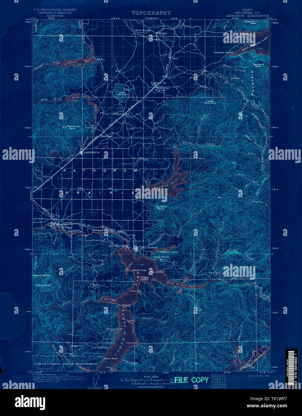 USGS TOPO Map Idaho ID Rathdrum 239552 1903 125000 Inverted Restoration Stock Photo