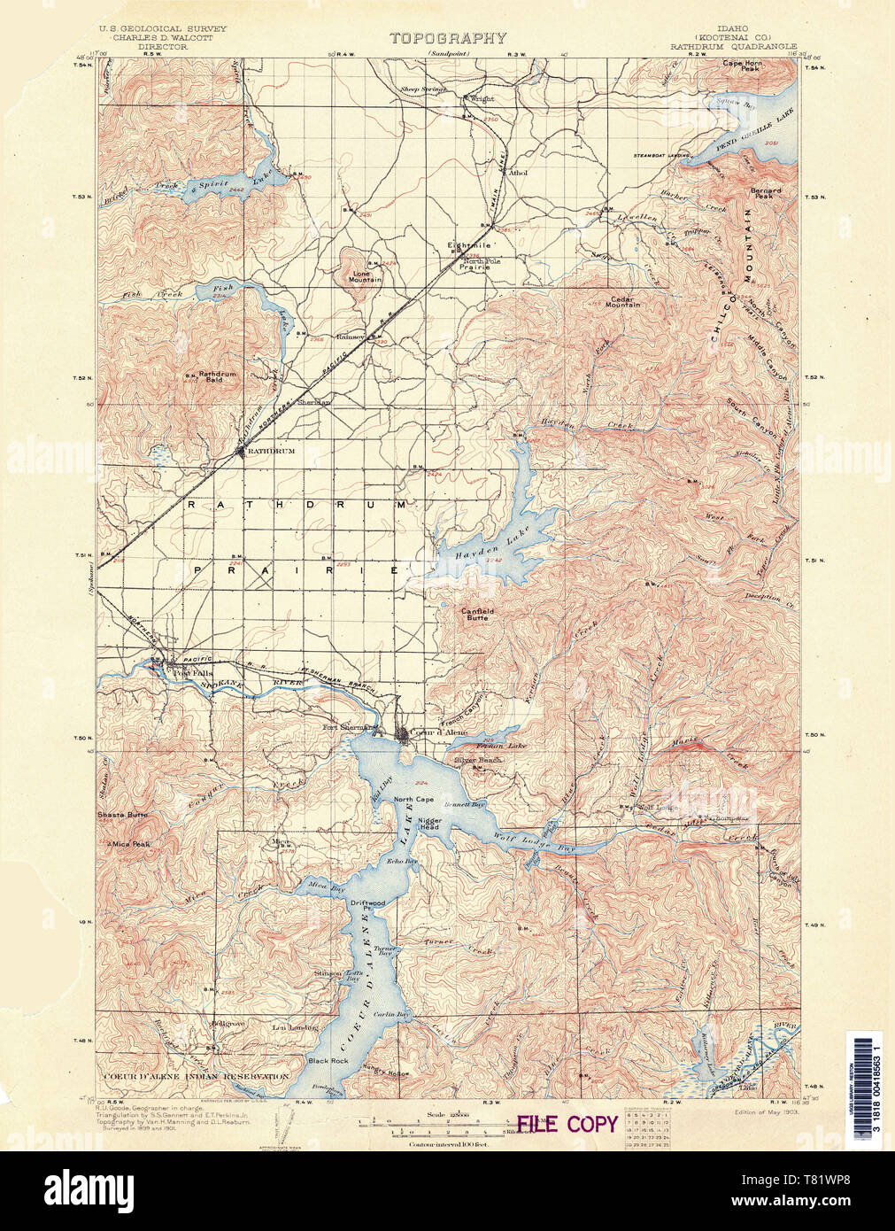 USGS TOPO Map Idaho ID Rathdrum 239552 1903 125000 Restoration Stock Photo