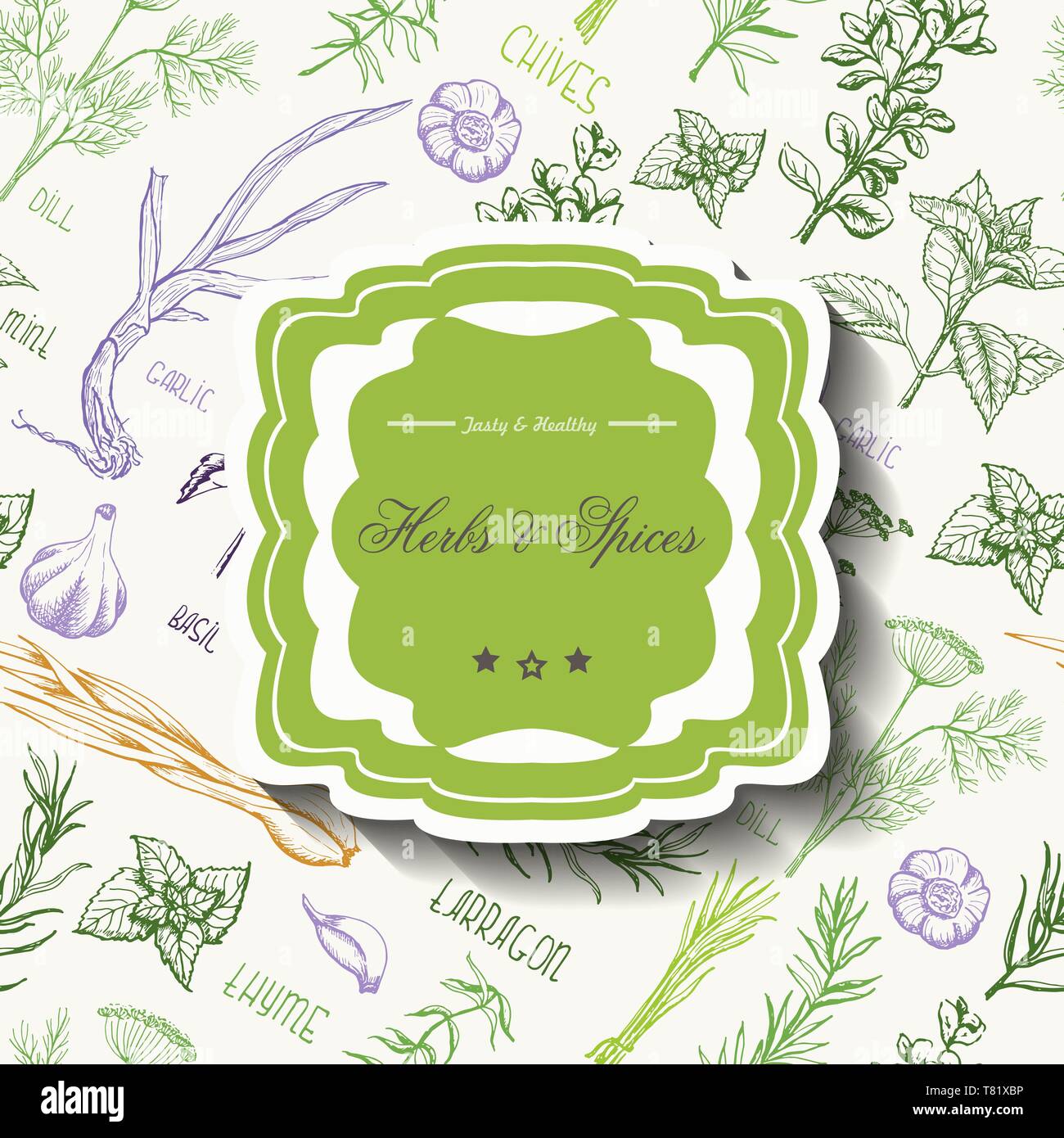 Seamless pattern with spices and herbs and inscription in the middle. Vector illustration for your design Stock Vector