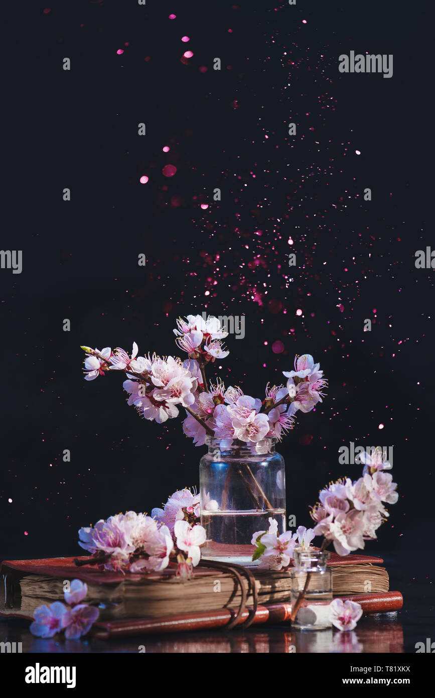 Spring cherry blossom in a glass jar on a dark background with pink  sparkle. Creative flower photography with copy space Stock Photo - Alamy