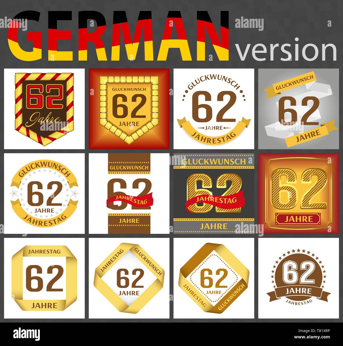 German set of number sixty-two years (62 years) celebration design. Anniversary number template elements for your birthday party. Translated from the  Stock Vector