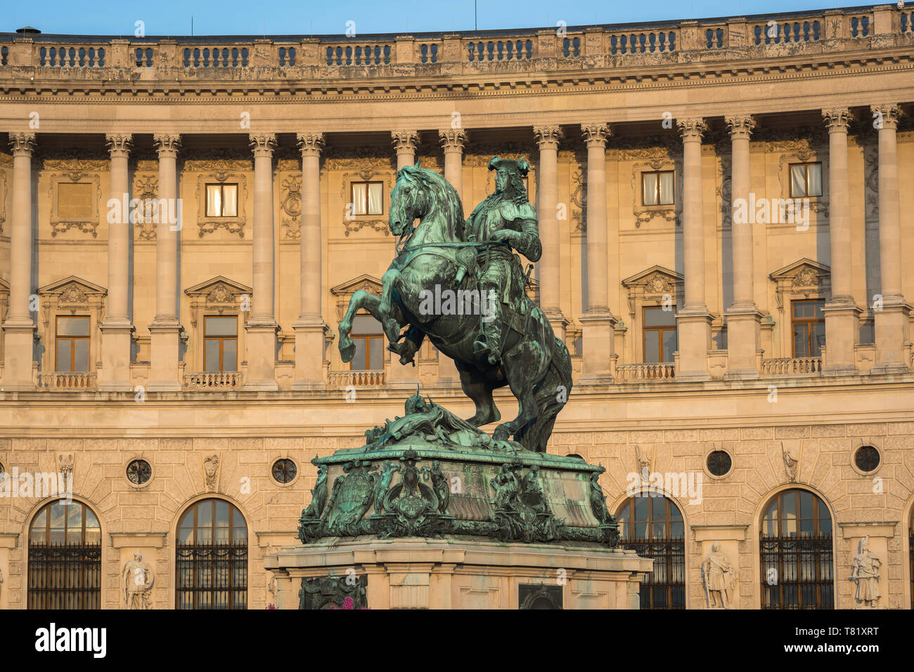 Hofburg Palace Vienna, view of the statue of Prince Eugene of Savoy sited against the backdrop of the Neue Burg building of the Hofburg Palace complex Stock Photo