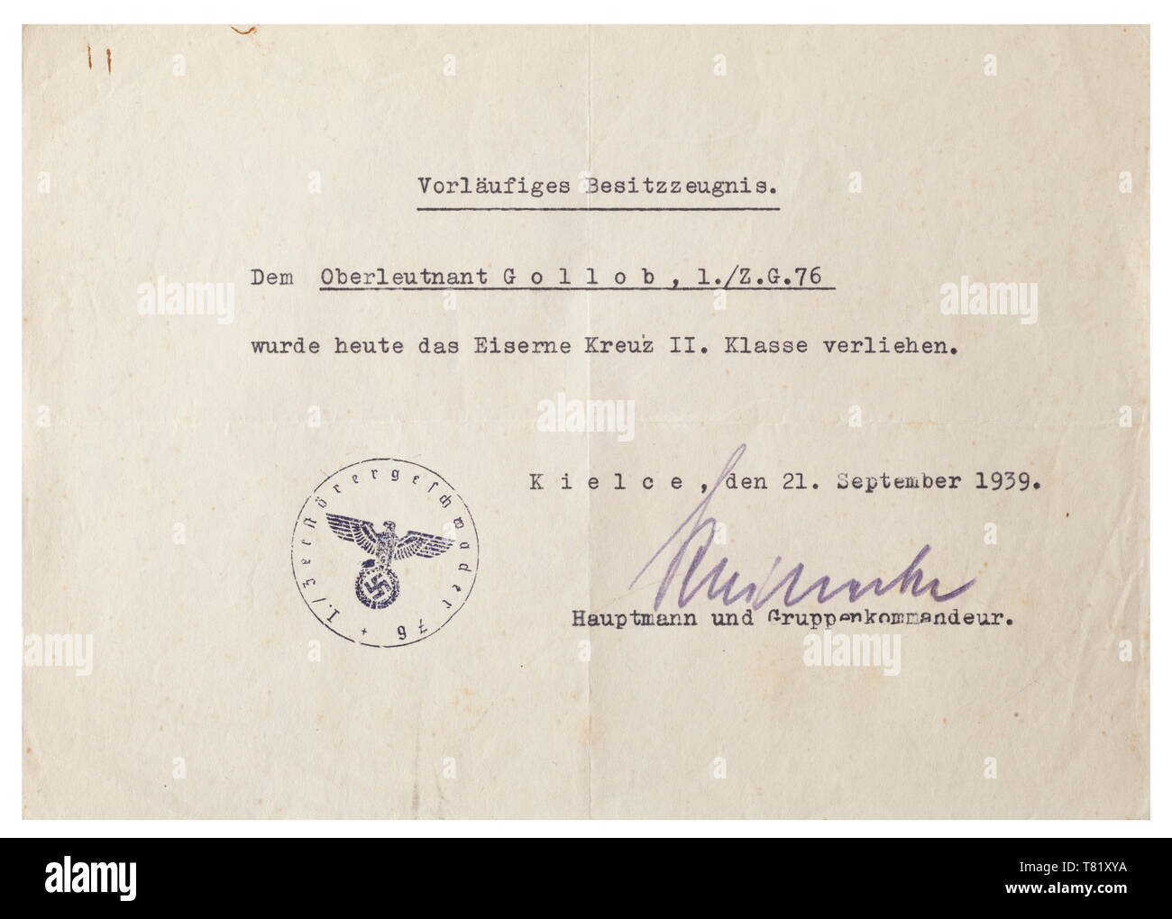 A preliminary possession document for the Iron Cross 2nd Class to Oberleutnant Gollob in Squadron 1, Destroyer Wing 76, dated 21 September 1939 with original signature of Hauptmann (captain) and group commander Günther Reinecke. historic, historical, Air Force, branch of service, branches of service, armed service, armed services, military, militaria, air forces, object, objects, stills, clipping, clippings, cut out, cut-out, cut-outs, 20th century, Editorial-Use-Only Stock Photo