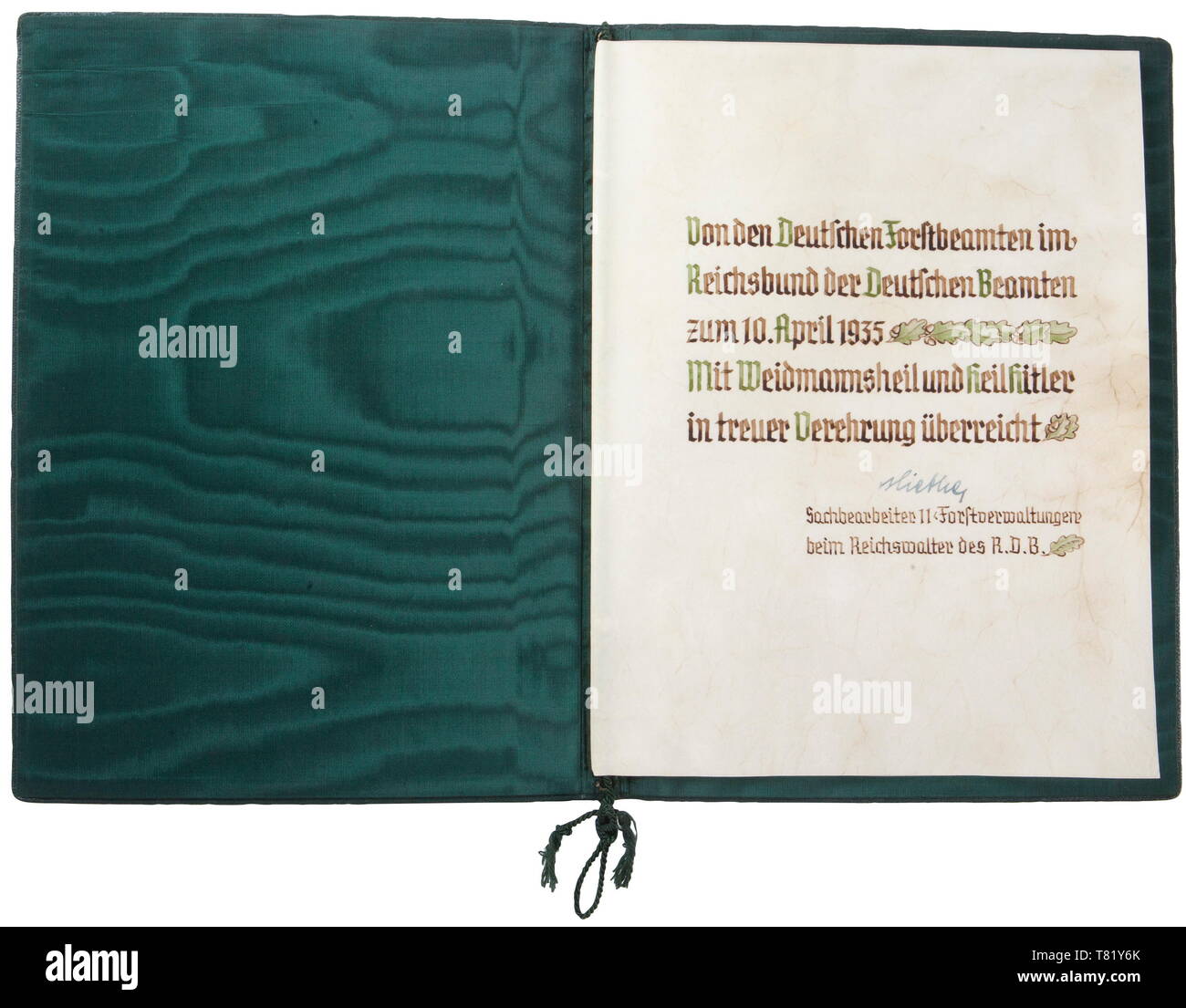 Hermann Göring - congratulations on his marriage to Emmy Sonnemann. A green leather binding containing fine multi-coloured calligraphy on parchment, 24 x 32.5 cm. From the German forestry officials in the National Association of German Officials 10 April 1935. Presented in loyal admiration with woodsman's greeting and Heil Hitler! Hand-signed, Specialist II / Forestry Administrations, The National Governor of the R. D. B. (National Association of German Officials) From the possession of a US officer of the 101st Airborne Division, among the first US units on the Obersalzber, Editorial-Use-Only Stock Photo