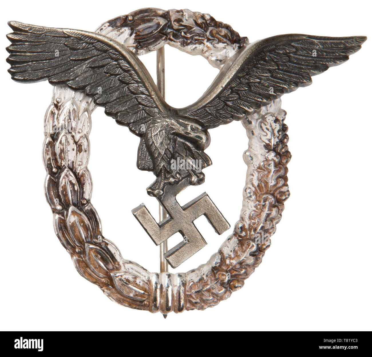 A Luftwaffe Pilot's Badge Maker G.W.L. Early Tombak example. USA-Los historic, historical, awards, award, German Reich, Third Reich, Nazi era, National Socialism, object, objects, stills, medal, decoration, medals, decorations, clipping, cut out, cut-out, cut-outs, honor, honour, National Socialist, Nazi, Nazi period, 20th century, Editorial-Use-Only Stock Photo