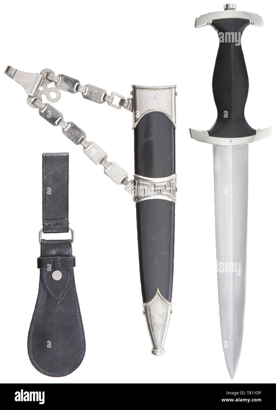 A service dagger M 36 with chain hanger and tear drop belt loop. The blade with etched motto, nickel-silver cross-guards, lower reverse stamped 'I'. Black wooden grip with inset nickel-silver eagle and enamelled SS emblem. Black burnished steel scabbard retaining most of factory lacquer. Plated chain with typical 'SS' stamping. Complete with a two-piece black leather tear drop hanger with faint marking 'SS 1/36 RZM'. Length 36.5 cm. USA-Lot historic, historical, 20th century, 1930s, 1940s, Waffen-SS, armed division of the SS, armed service, armed services, NS, National Soci, Editorial-Use-Only Stock Photo