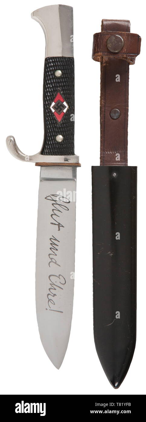 A Hitler Youth with motto etching. Maker Puma, Solingen. The blade with etched motto and manufacturer's trademark and "RZM M 7/27 1937". Plated hilt, black plastic grip plates with enamelled HJ