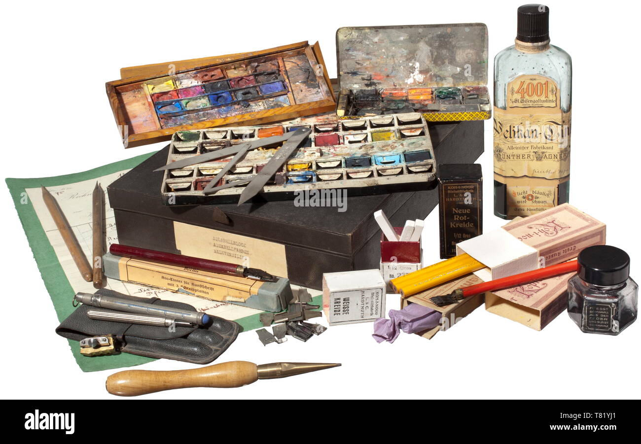 Adolf Hitler - assorted painting utensils. Three boxes of watercolour paint including (tr) 'General Staff Colours' by Bormann and a box by Wagner, an Ato-tinter for art, by Koh-I-Noor copy pencils, red chalk and white chalk, charcoal by Gimborn, a large bottle of Pelikan iron gall ink '4001', a small bottle of black ink (empty) and assorted utensils including a large pair of paper scissors by Witte in Solingen. Also an invoice from the firm Fr. Ant. Prantl, royal Bavarian court purveyor in Munich, Odeonsplatz 16 and Hofgarten Arkaden 10 - Hitler's preferred shop for his art, Editorial-Use-Only Stock Photo