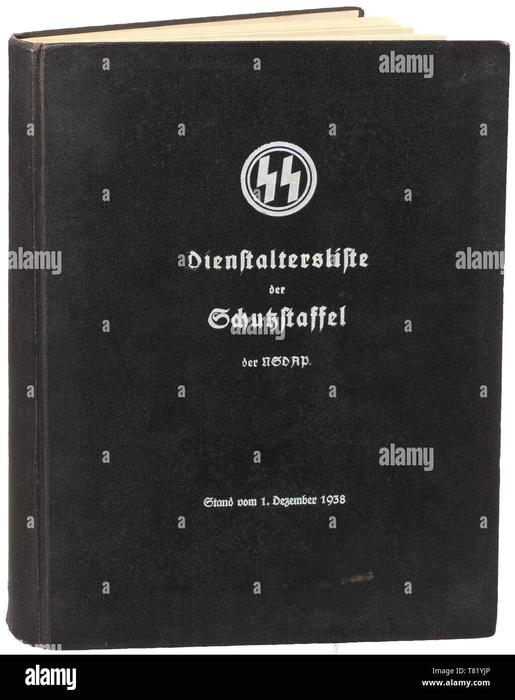 Sepp Dietrich - a Schutzstaffel officer seniority list as of 1 December 1938. Prepared by the personnel office of the Reichsführer-SS. Circa 13,800 officers, listed by service grade (Obergruppenführer to Untersturmführer) with information on official position, party- and SS numbers, birth date, date of each promotion, Totenkopf Ring award, Reichsführer Honour Sword award, Blood Order etc. Included is a listing of those officers who were trained at Führer schools, had dropped out or were expelled. Black cover with stamped white runes and lettering. Flyleaf with inventory sta, Editorial-Use-Only Stock Photo