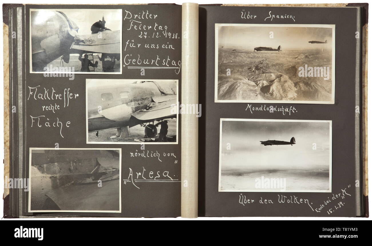 A large photo legacy of the Condor Legion Two photo albums of a bomber crew member with ca. 500 - 600 images. The photographs are of excellent quality, in chronological order and with descriptions, with images of various aircraft types, bomb releases over Spain, cemeteries, tanks and uniforms. Included are images of partly bombed cities such as Guernica, Cobera, Huesca, La Cenia, Al Kartar, Toledo, Teruel etc. historic, historical, Wehrmacht, armed forces, unit, units, troop, troops, NS, National Socialism, Nazism, Third Reich, German Reich, military, militaria, National So, Editorial-Use-Only Stock Photo