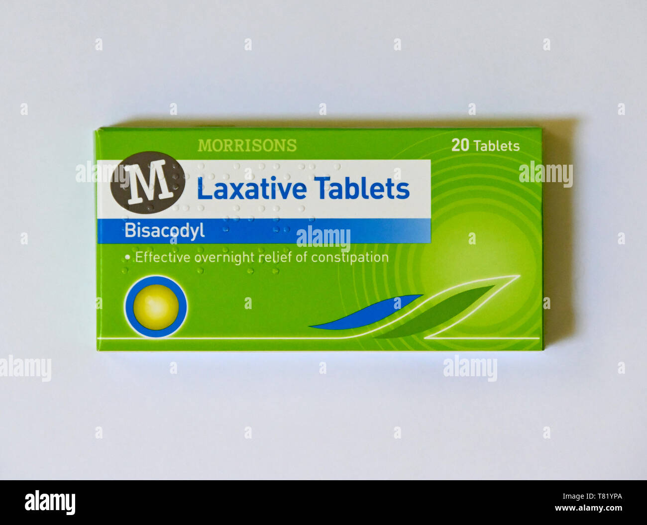 Pack of Morrison's Laxative Tablets. Bisacodyl. Effective overnight relief of constipation. 20 Tablets. Stock Photo