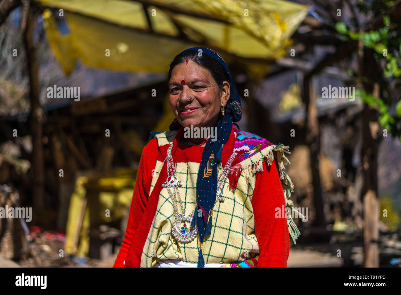 Kullu, Himachal Pradesh, India - February 23, 2019 : Portrait of beautiful Indian himalayan Traditional woman in himalaya Stock Photo