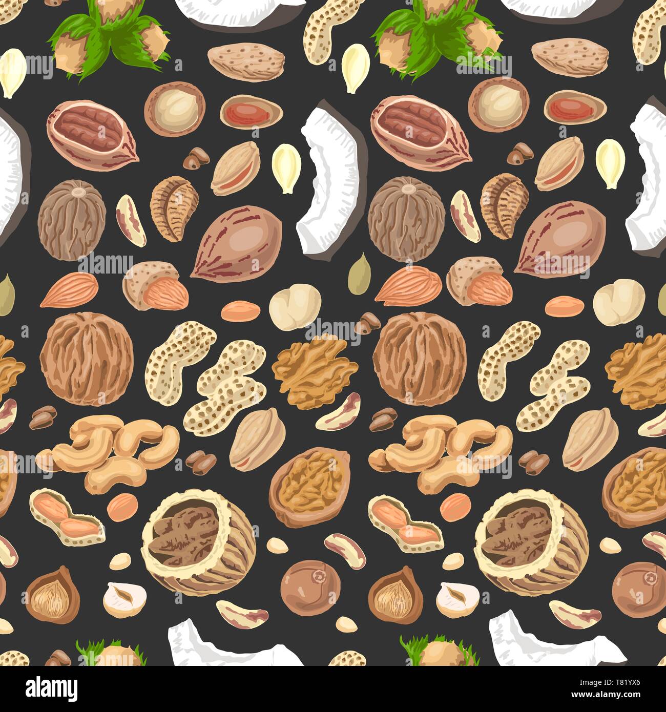 Seamless pattern with colored nuts and seeds. Vector illustration for ...