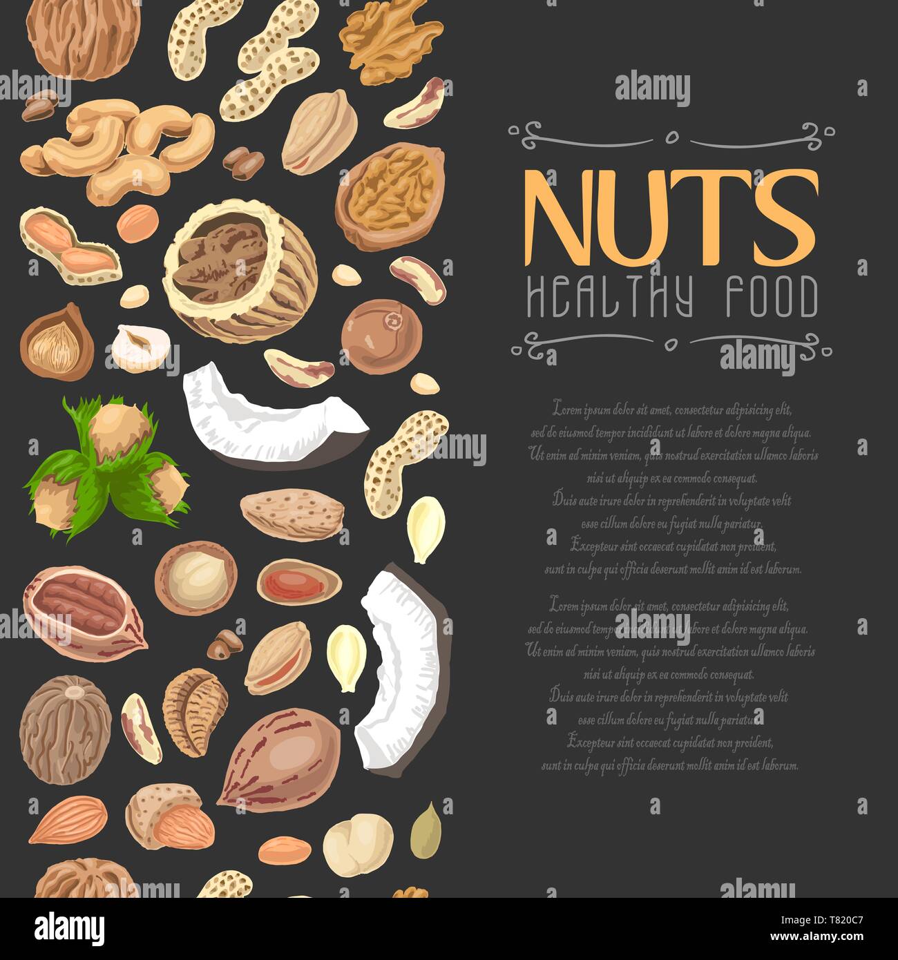 Vertical seamless background with colored nuts and seeds. Vector ...
