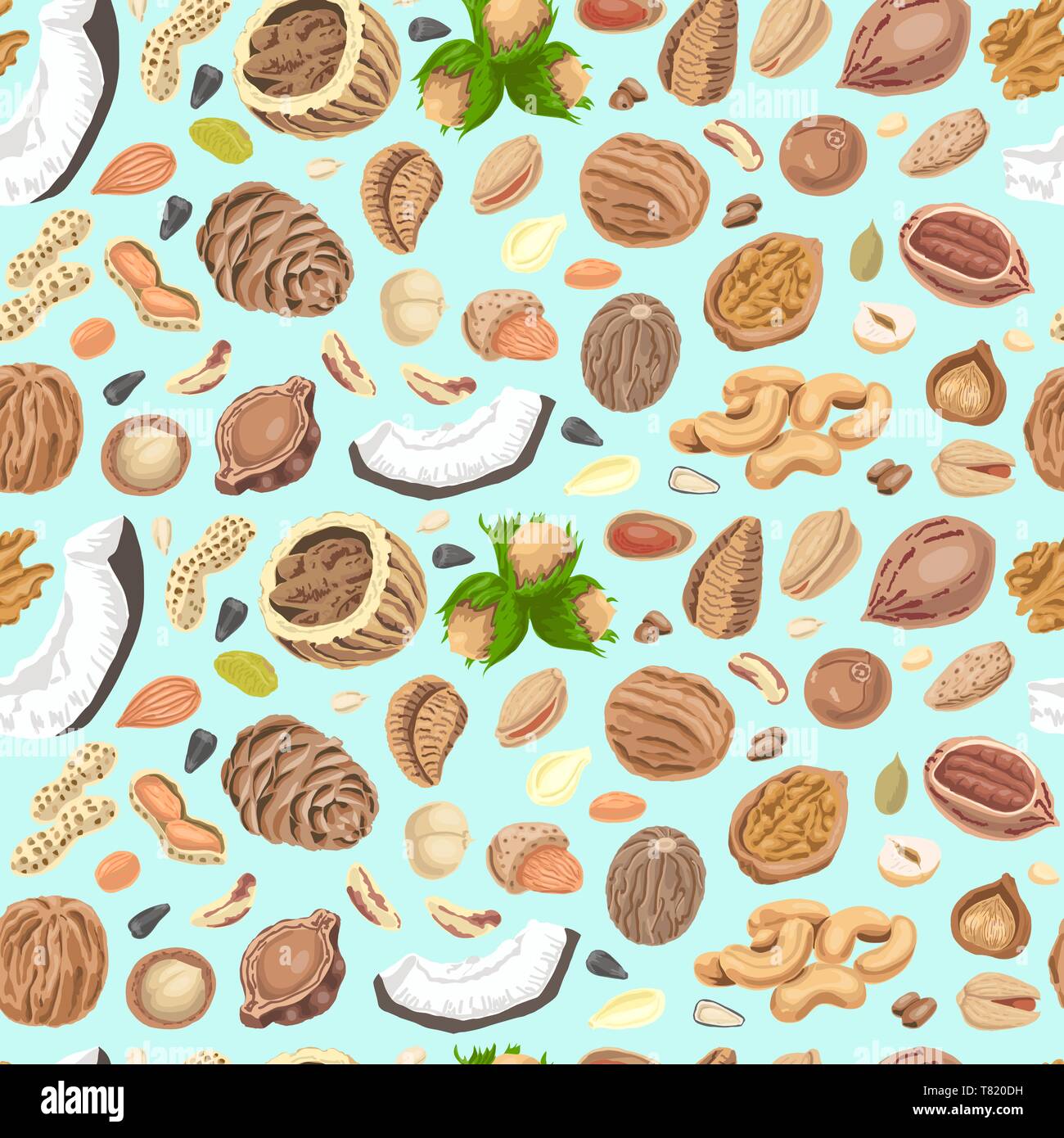 Seamless pattern with colored nuts and seeds. Vector illustration for your design Stock Vector