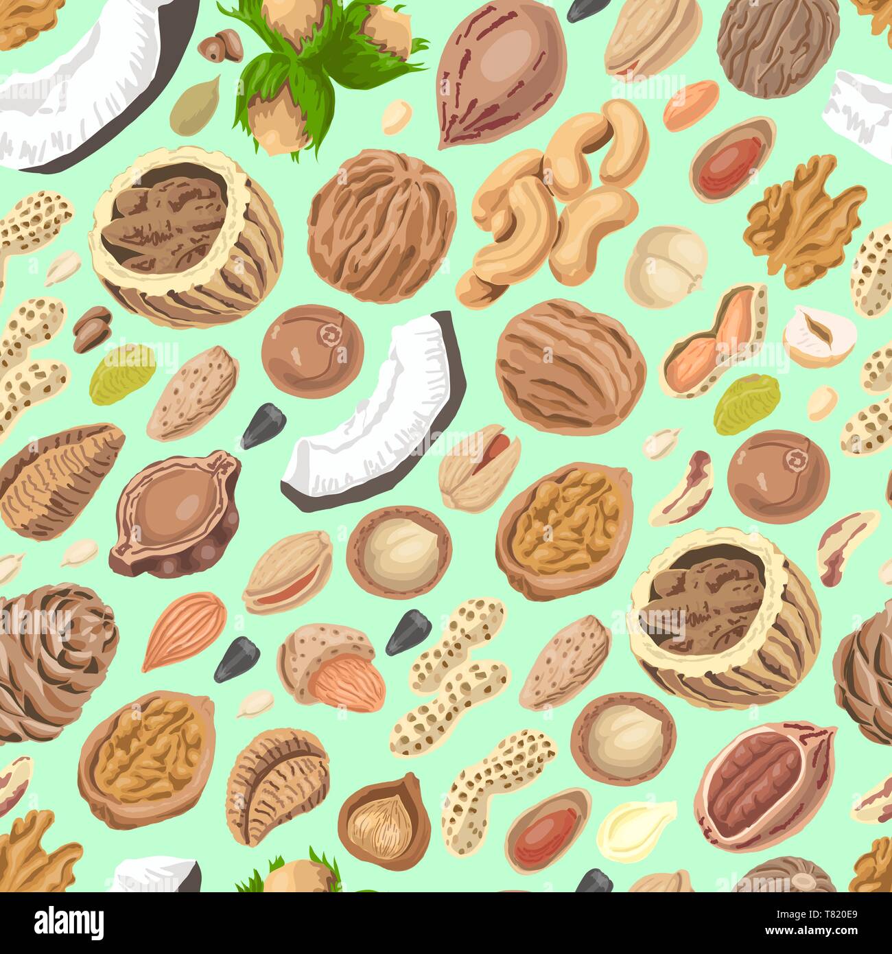 Seamless pattern with colored nuts and seeds. Vector illustration for your design Stock Vector