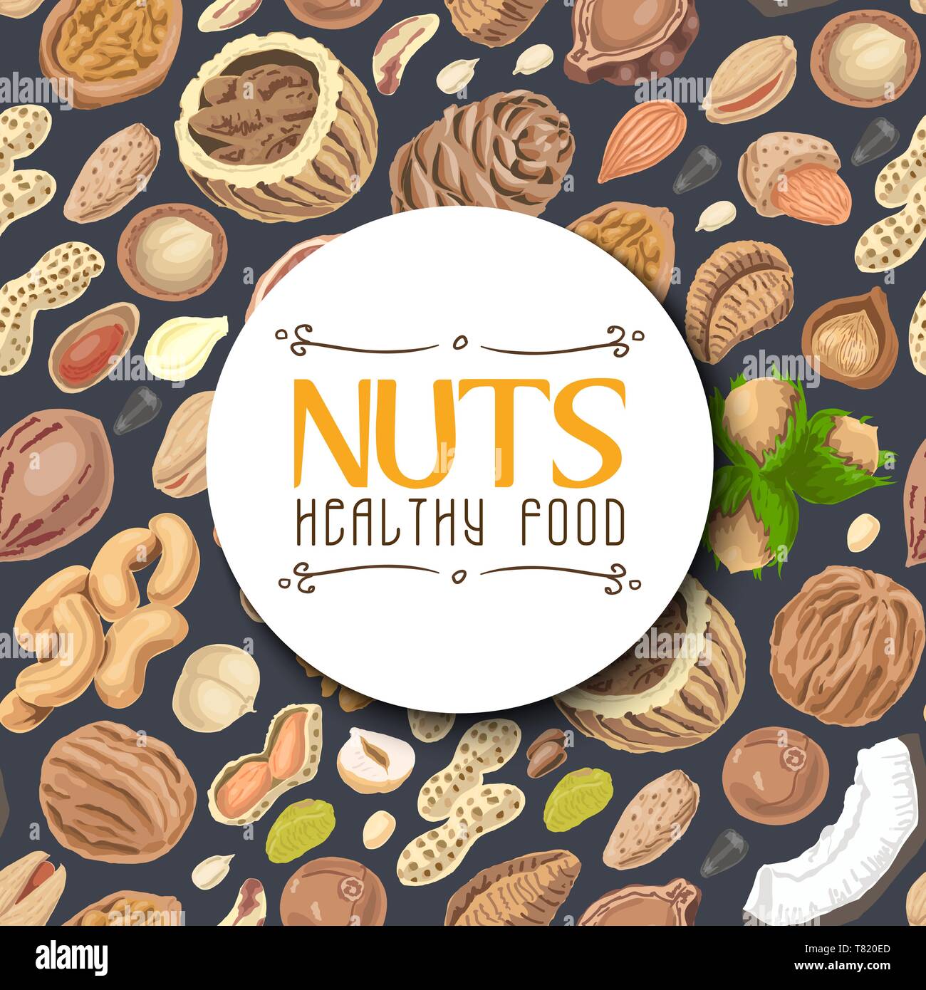 Seamless pattern with colored nuts and seeds. Vector illustration for your design Stock Vector