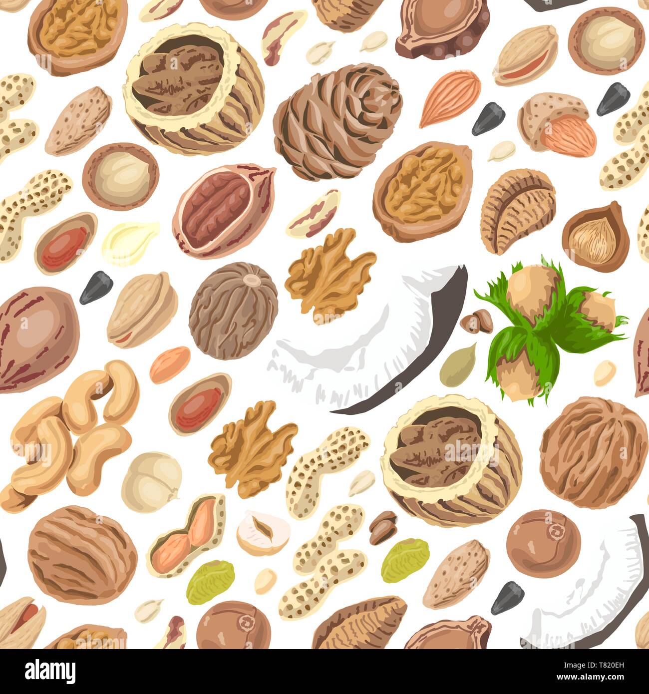 Seamless pattern with colored nuts and seeds. Vector illustration for your design Stock Vector